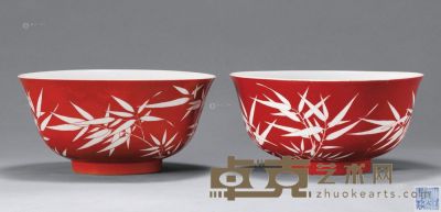 清道光 珊瑚红地竹纹碗 （二件） 直径18.2cm