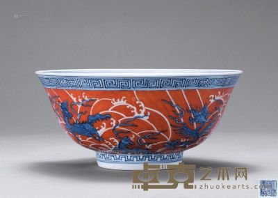 清道光 青花梵红彩海兽碗 直径21.2cm