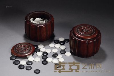 清初 红木云石围棋 (二盒) 高9.2cm