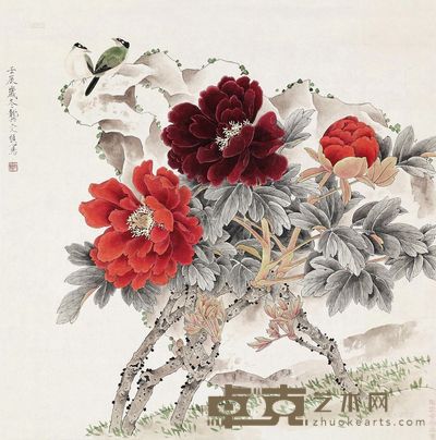 龚文桢 2012年作 牡丹双禽 镜心 68×68cm