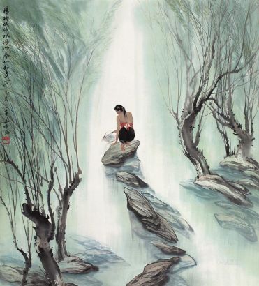 姜坤 乙亥（1995年）作 杨柳依依 镜心