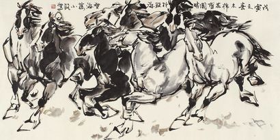 汤小铭 戊寅（1998年）作 八骏图 镜心