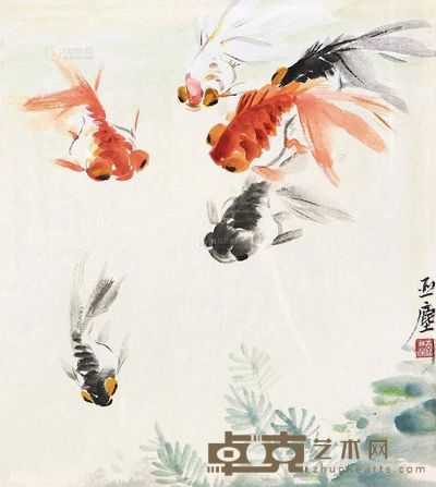 汪亚尘 鱼戏 镜框 26×23cm