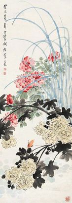 胡汀鹭 芙蓉螽斯 立轴