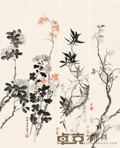 吴熙载 花卉四屏 101.5×20cm.×4 约1.8平尺（每幅）