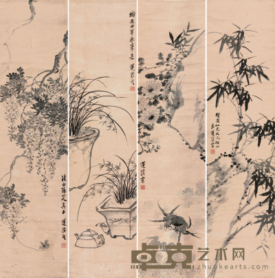 莲溪 花卉四屏 135×33.5cm.×4 约4.1平尺（每幅）
