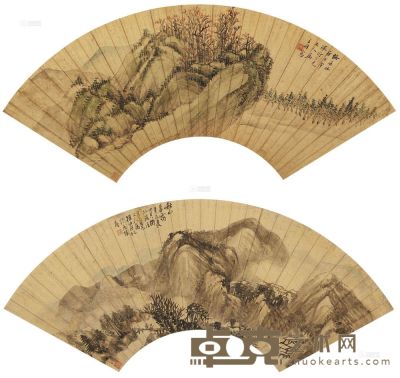 王同愈 杨伯润 辛未（1871）年作 山水 秋山暮霭图 扇面 18×52.3cm；17.1×50.7cm