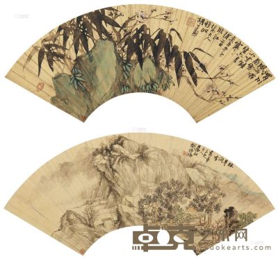 胡公寿 胡璋 庚午（1870）年作 梅竹双清图 林亭闲吟图 扇面 17.7×52.2cm；17.3×50.4cm