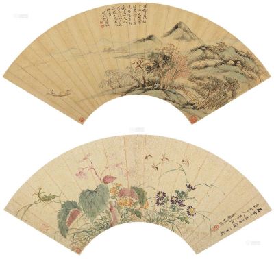 刘懋功 谌愉 戊辰（1868）年作 丙申年作 溪山归隐图 海棠草虫图 扇面
