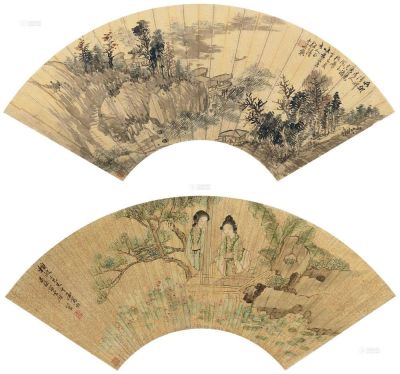 吴格 吴梅 辛巳（1881）年作 溪山渔隐图 仕女图 扇面