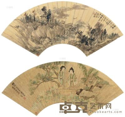 吴格 吴梅 辛巳（1881）年作 溪山渔隐图 仕女图 扇面 19×53.7cm；16.8×49.4cm