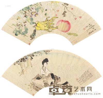 吴咨 杨令茀 丁巳（1857）年作 福寿秋华图 仕女图 扇面 17.5×53.4cm；20.5×54.4cm
