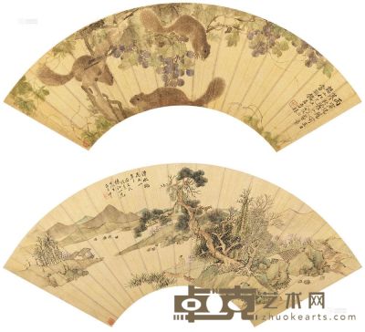 方林 王坤 丙寅（1806）年作 松鼠葡萄图 桃花潭水图 扇面 14.2×51.6cm；18.5×53.3cm