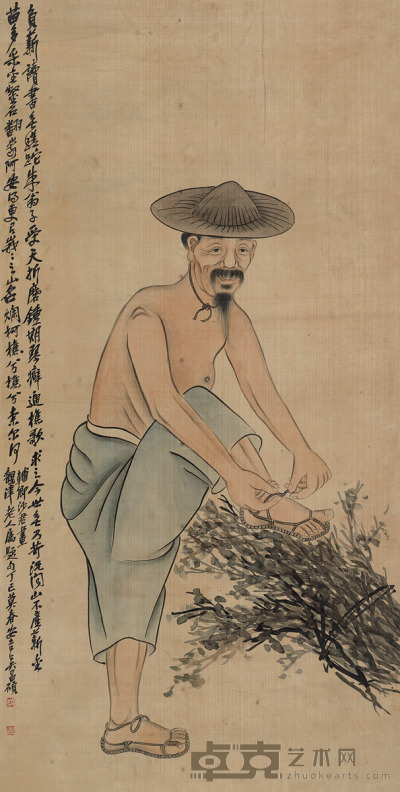 沙佐 负薪读书图 吴昌硕（1844-1927）题 128×65 cm. 50 3/8×25 5/8 in. 约7.5平尺
