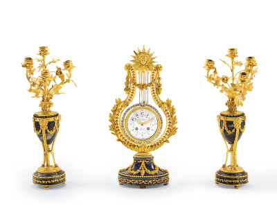 铜鎏金古琴式三件套座钟