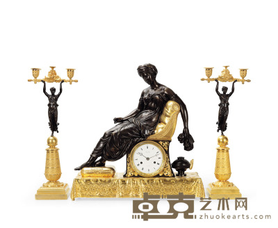 铜鎏金“萨福”雕像座钟 座钟：50.5×46 cm. (19 7/8×18 1/8 in.) 烛台：49×