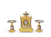 铜鎏金画珐琅三件套座钟