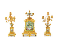 铜鎏金画珐琅三件套座钟