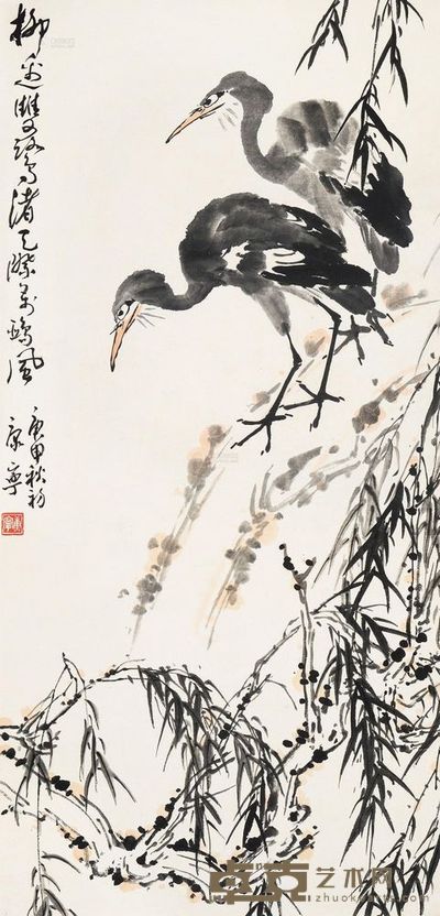 康宁 庚申(1980)年作 双鹤图 立轴 125×60cm