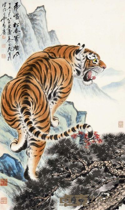 慕凌飞 丁丑（1997）年作 虎啸松林 镜心 106×44cm