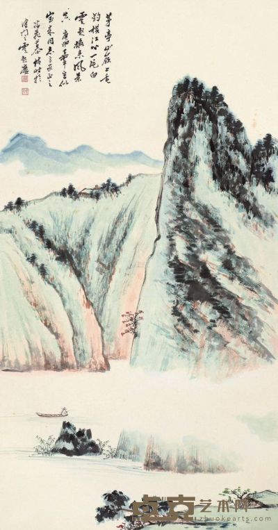 慕凌飞 庚申（1980）年作 茅亭山岭 立轴 87×46cm