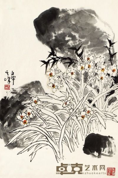 孙其峰 壬申（1992）年作 双钩水仙 镜框 68×45cm
