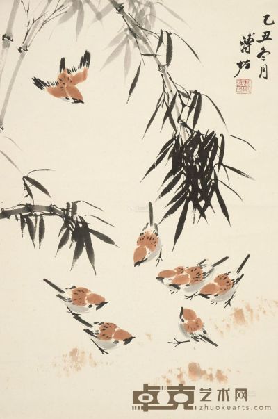 溥佐 乙丑（1985）年作 竹雀图 立轴 66×43cm