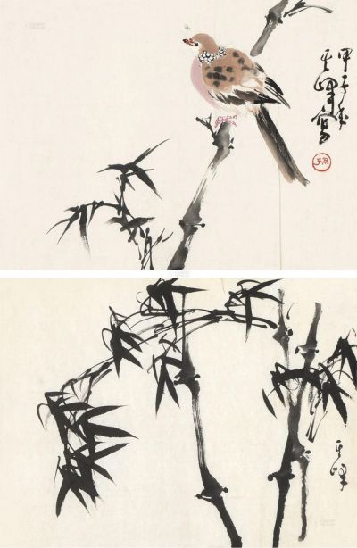 孙其峰 甲子（1984）年作 斑鸠墨竹 （两幅） 软片