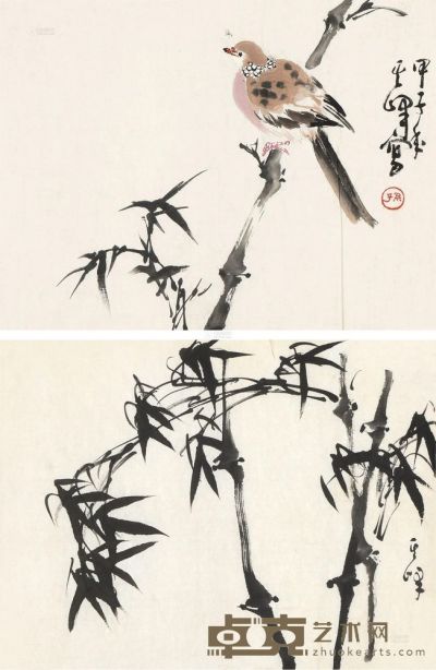 孙其峰 甲子（1984）年作 斑鸠墨竹 （两幅） 软片 34×45cm×2