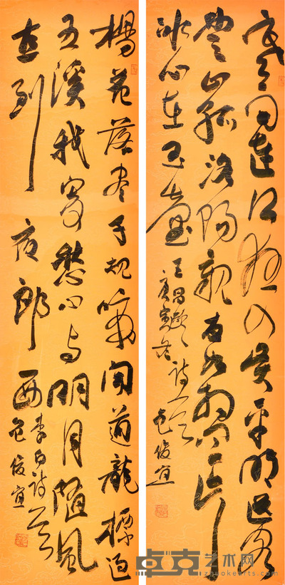 包俊宜 李白的《闻王昌龄左迁龙标遥有此寄》王昌龄《芙蓉楼送辛渐》 136×33cm×2(单帧约4.0平尺)
