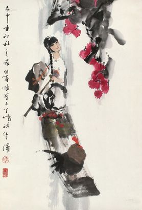 陈衍宁 庚申（1980年）作 江畔赏花图 立轴