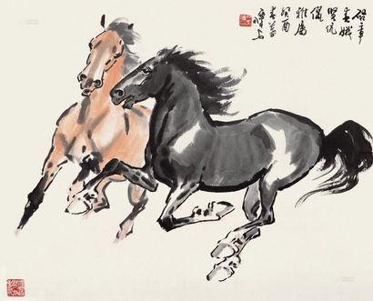 尹瘦石 癸酉（1993年）作 双骏图 镜心