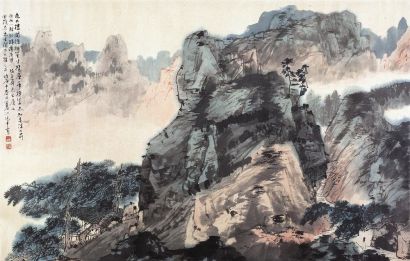 江兆申 庚申（1980年）作 远天楼阁图 横幅
