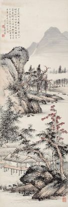 赵松声 辛巳（1941年）作 竹树水榭图 立轴