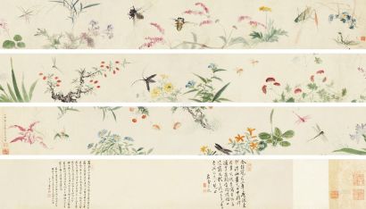 马荃 丁卯（1747年）作 草虫花卉卷 手卷