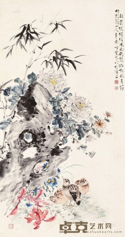 丁宝书 秋菊鹌鹑 轴 107×57cm