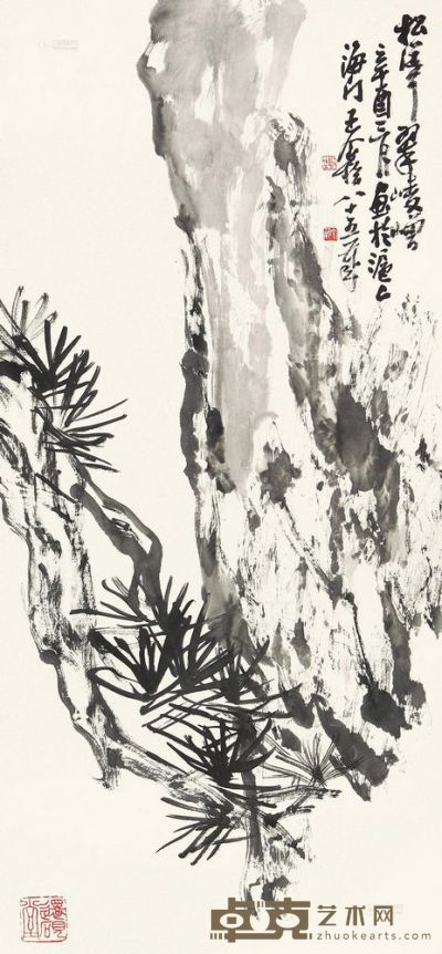 王个簃 辛酉（1981）年作 松石图 立轴 96×44cm