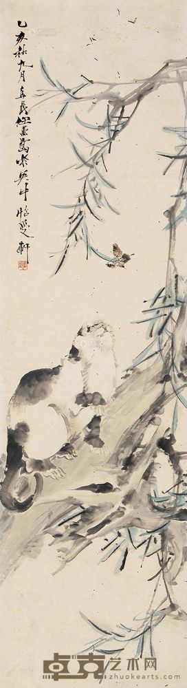 任薰 乙亥（1875）年作 耄耋图 镜片 142×39cm