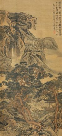 李寅 丙子（1696）年作 水阁弹琴图 立轴