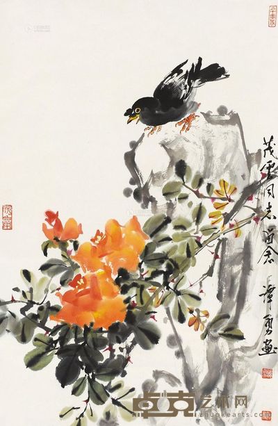 谭勇 月季花鸟 立轴 68×44cm