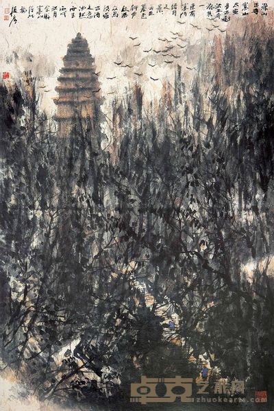 张彦 丙戌（2006）年作 古寺钟声 镜片 69×46cm