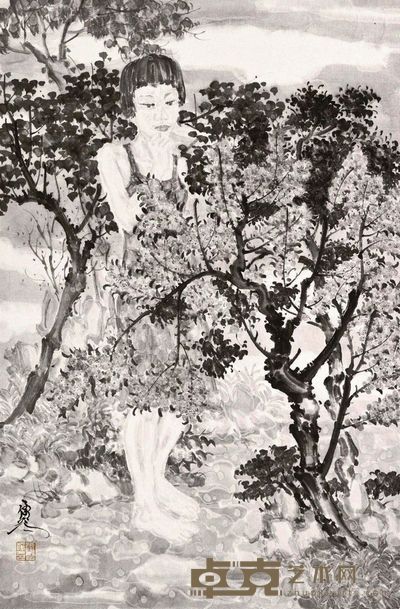 谭雷鸣 林荫少女 镜心 68×45cm