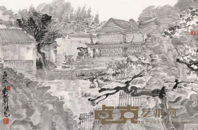 周京新 水墨园林 镜心 46×70cm