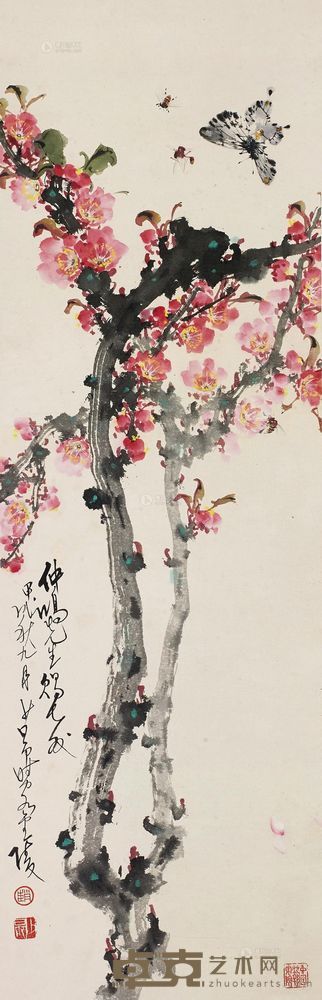 赵少昂 1934年作 花蝶 镜框 92.5×29.5cm