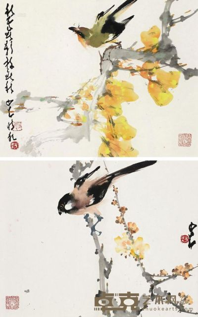 赵少昂 1958年作 花鸟 （二帧） 镜框 29.5×37cm×2