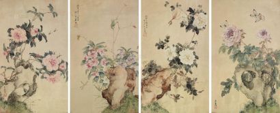 居廉 1888年作 花卉草虫 （四帧） 镜框