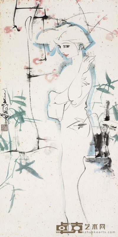 林墉 1997年作 少女 镜框 137×68cm