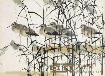 方楚雄 1980年作 芦苇水鸟 镜框 49×68cm