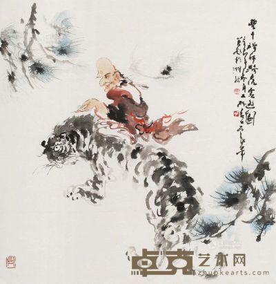 褚大雄 辛卯（2011年）作 骑虎云游图 镜片 70×70cm