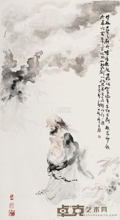 褚大雄 丁巳（1977年）作 吟行图 镜片 140×77cm